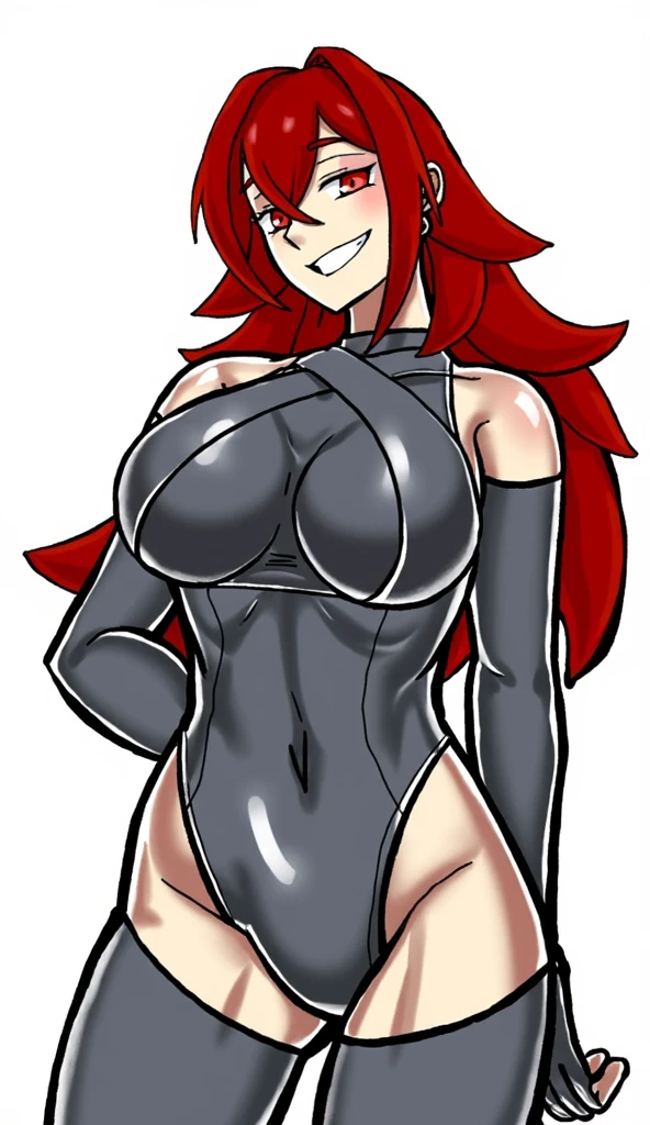 masterpiece, best quality, absurdres, 8k, perfect shadows,perfect lighting,hdr, cowboy shot,shiny skin,skindentation, beautiful body, NamiFinal, red hair, long hair, blue eyes, ((helloutfit:1.1), underboob, elbow gloves, thigh boots, highleg panties, bare shoulders, curvy, midriff, curvy, thighs, higheels, shiny clothes), complex detailed background, inside, luxury palace) (gigantic breasts,hourglass body, thin waist,very slim waist)extremely detailed face,detailed eye makeup, detail face, nice detailed eyes,nice hands, perfect hands (realistic pupils,realistic iris:1) heavy eye makeup,glowing eyes, Bright eyes,standing,standing at attention,(seductive smile), gigantic breasts, curvy