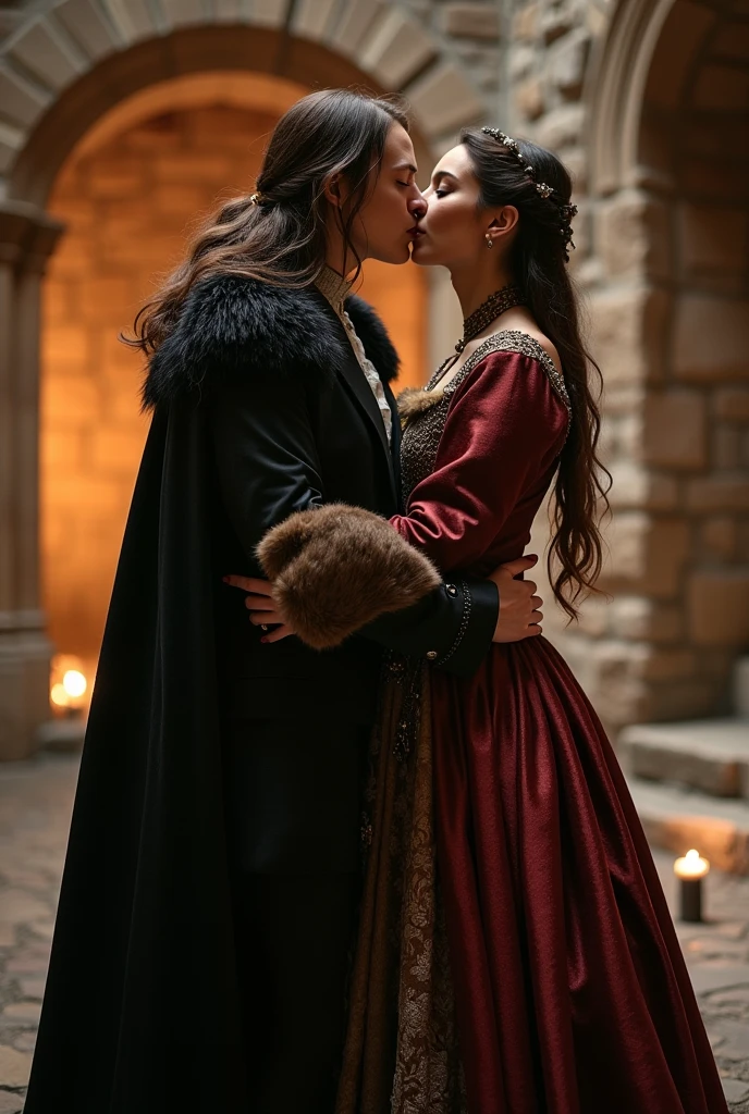 Photo of 1girl, in royal dress red, silk, latex, renounce 1boy, in medieval castell at night, punk, [InToThe2KGothClub:0,4] light from the side