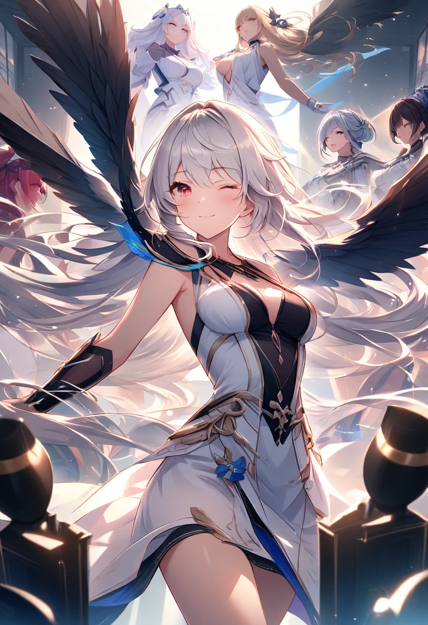 le malin holding a flower in garden, sun shining, detailed eyes, detailed face, white _dress, solo, double bun, blue eyes, very long hair, hair bun, angel_wings, white_legwear, bright at night, volumetric lighting, flat lighting, photo, oil painting, beautiful, extremely detailed, HD, 1girl, small breasts, solo,double bun,bow,white hair, long hair,sidelocks,blue eyes,symbol-shaped pupils,hair ribbon,ribbon,long sleeves,underboob cutout, white dress,pleated dress,thighband pantyhose,