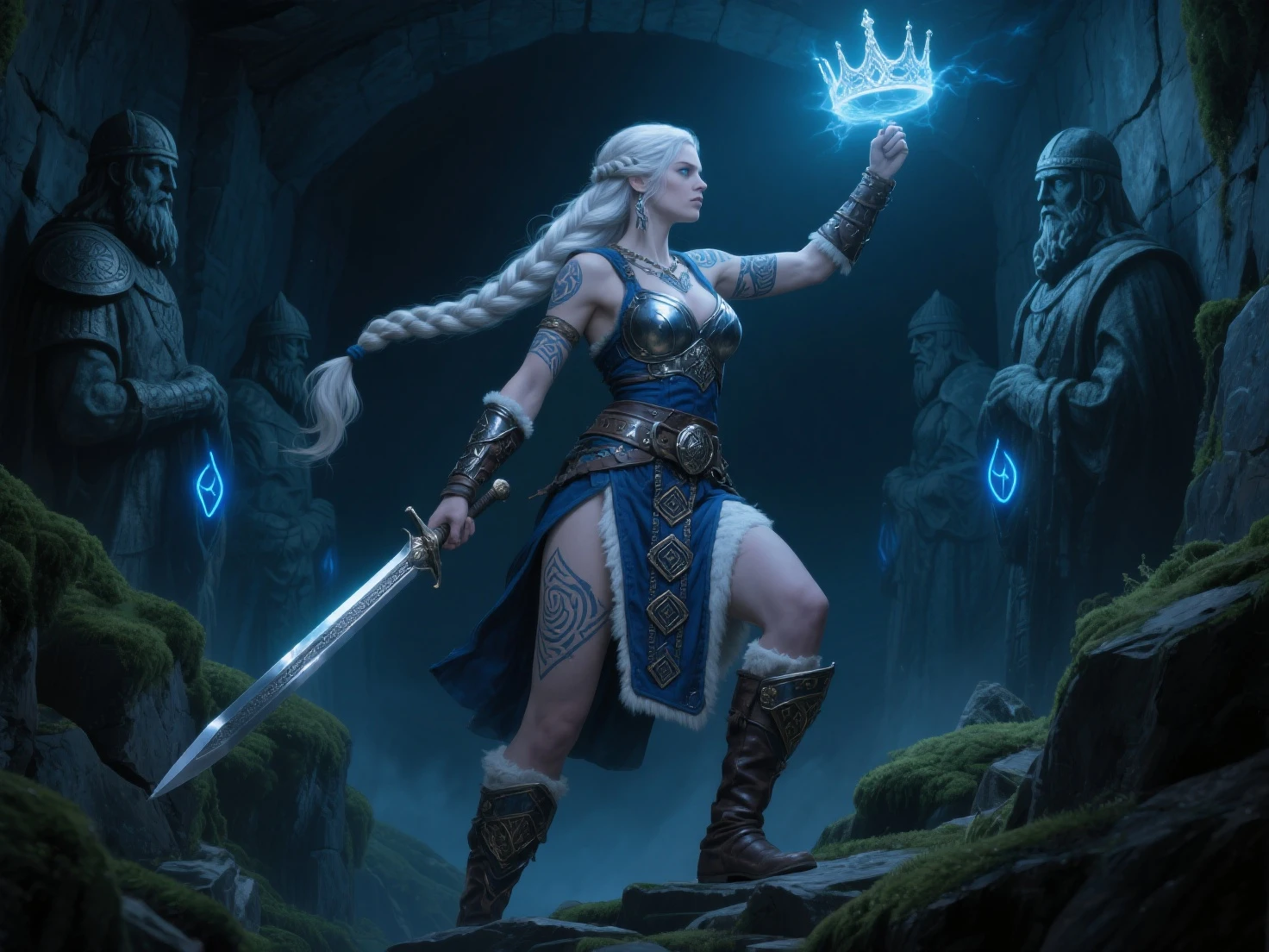 masterpiece, Best Quality, super rendering, super Realistic, High Detail Face, Clean and delicate face, whole body, Crouch and swing a long sword, grip the sword anatomically correctly, Single Braided blonde pony tail, parted bangs, forehead, wearing a camisole and pleated mini skirt, bare ass, open legs, Sleeveless, black pantyhose, white short boots, glaring at the viewer, simple color background