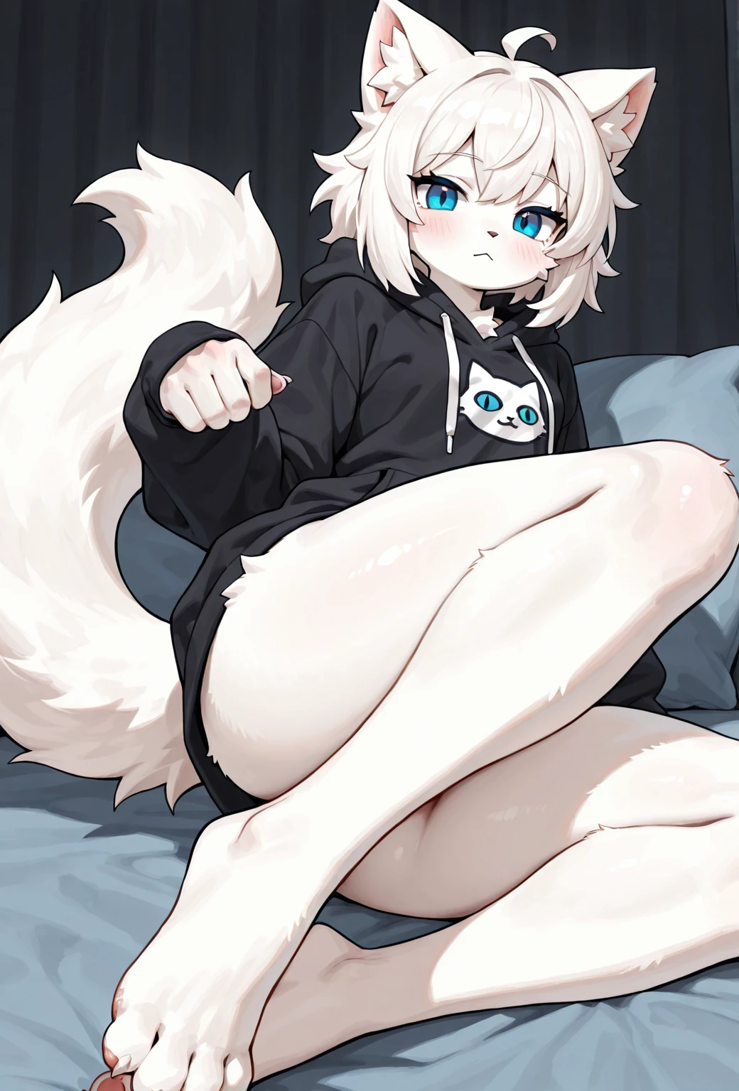 Single boy, Anime boy, Short, Long white hair, wolf ears, has wolf tail, blue eyes, wearing short denim shorts, thigh high fishnets, oversized cropped hoodie, solo boy, only one boy) solo, alone, (SOLO)(ALONE) thicc thighs, wide hips, blue eyes, perfect eyes, perfect face, wearing pink lip gloss, happy, curvy, sparkly blue eyes, wearing large round glasses, solo male, on bed, surrounded by stuffed animal plushies, kawaii