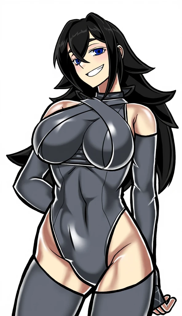 A woman with hammer standing looking down, gloomy smile, view from Down black and white manga image
