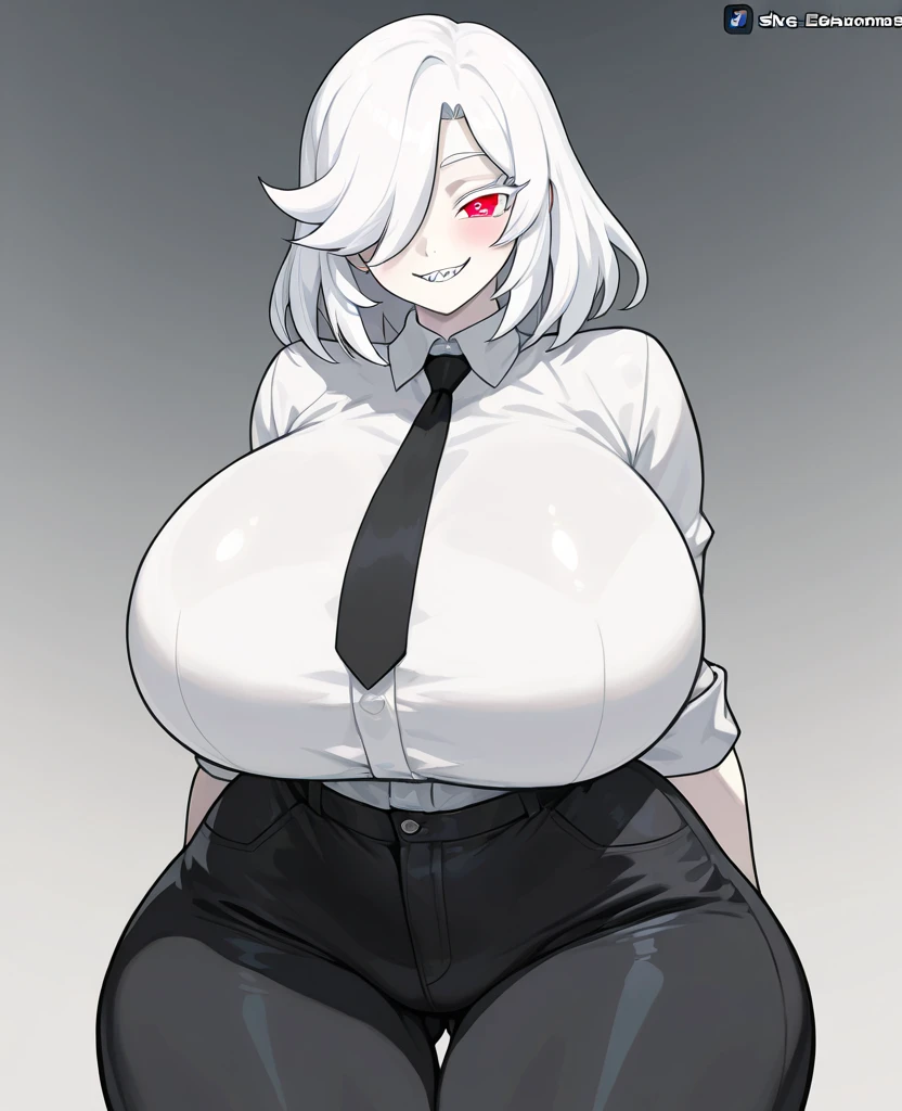 pale-skinned woman with short white hair, messy bangs, big, tender eyes, D-cup breasts, slightly chubby legs, she is wearing a black T-shirt and long white stockings, she is also wearing black shorts- 1women