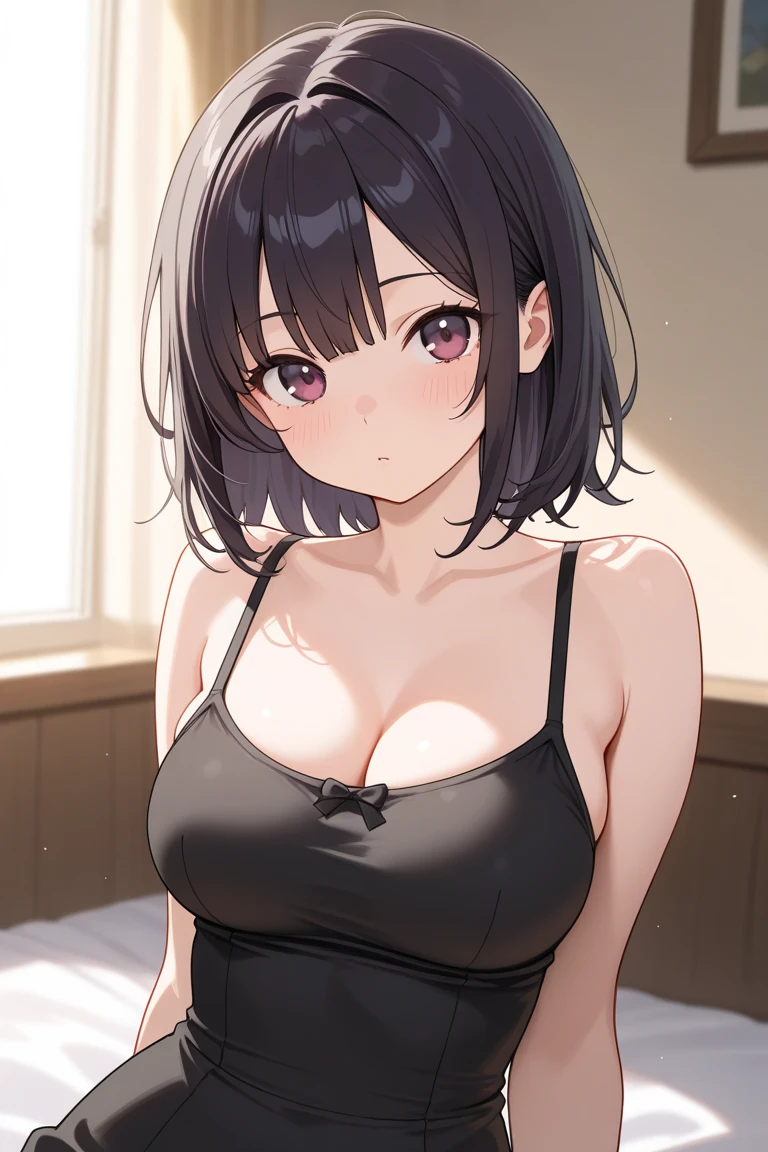 (best quality: 1.2), (masterpiece, best quality, ultra high res, 8k, perfect anatomy, extremely detailed), (extremely detailed CG unity), (1lady), solo, (abs:0.8),(27 years old:1.5),(black eyes),(dark brown hair), (bob cut), (medium breasts),(Navel exposed:1.3),full-face blush,face is turning red, (thick thighs:1.3),((collarbone)),(muscular shoulder:1.5),(white tank top:1.2), BREAK (above-the-knee skirt :1.2),(smile:1.3),(huge areola),(erection of nipple:1.2),(ecstasy:1.3),(Forehead:1.4), impossible clothe,dynamic angle,(thick lips:1.2), (sweat:1.2), upward glanc,on bed,upper body,(all_fours:1.2),