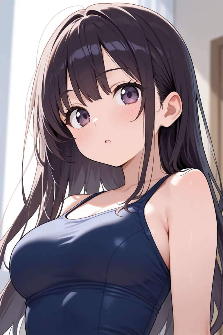 lookin at viewer, Looking up、head tilt、 Realistic, real person, (pale skin: 1.2), RAW photo, photorealistic, shiny skin, shiny hair、 (A 25-year-old woman with medium-length hair and bangs) and (wavy hair) and (brown hair) and (Orange Eyes),(black tank top), blush,(smile:1.5),The background is the living room at night