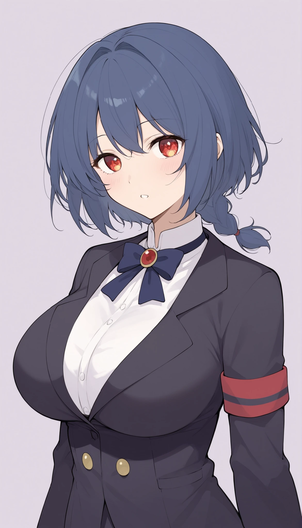 1girl with blue hair and red eyes, tanned skin, dark skin, black skin, medium hair, messy hair, braids, hair between eyes, hairclips, earrings, dark_blue dress, long sleeves, white pants, cleavage, red background, light smile, large breasts, belt