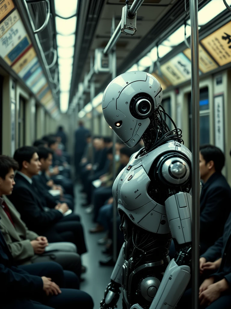 (Asian realism:1.4), (a relatable and slightly surreal scene of working life:1.6), a salaryman robot from 2075 with a weary expression, connected to a charging station via a network of cables within a packed train. The train's interior is a fascinating blend of futuristic and traditional Japanese elements, with chrome and glass panels juxtaposed against intricate wooden screens and traditional Japanese calligraphy. Soft, diffused lighting illuminates the scene, highlighting the robot's ultra-detailed metallic body and the passengers' varied expressions. Masterpiece, absurdres, a documentary-style photograph showcasing the everyday life of a 2075 salaryman robot navigating the crowded train with a sense of realism and subtle surrealism, captured with an ultra-wide lens and a shallow depth of field, achieving a cinematic look in high quality.