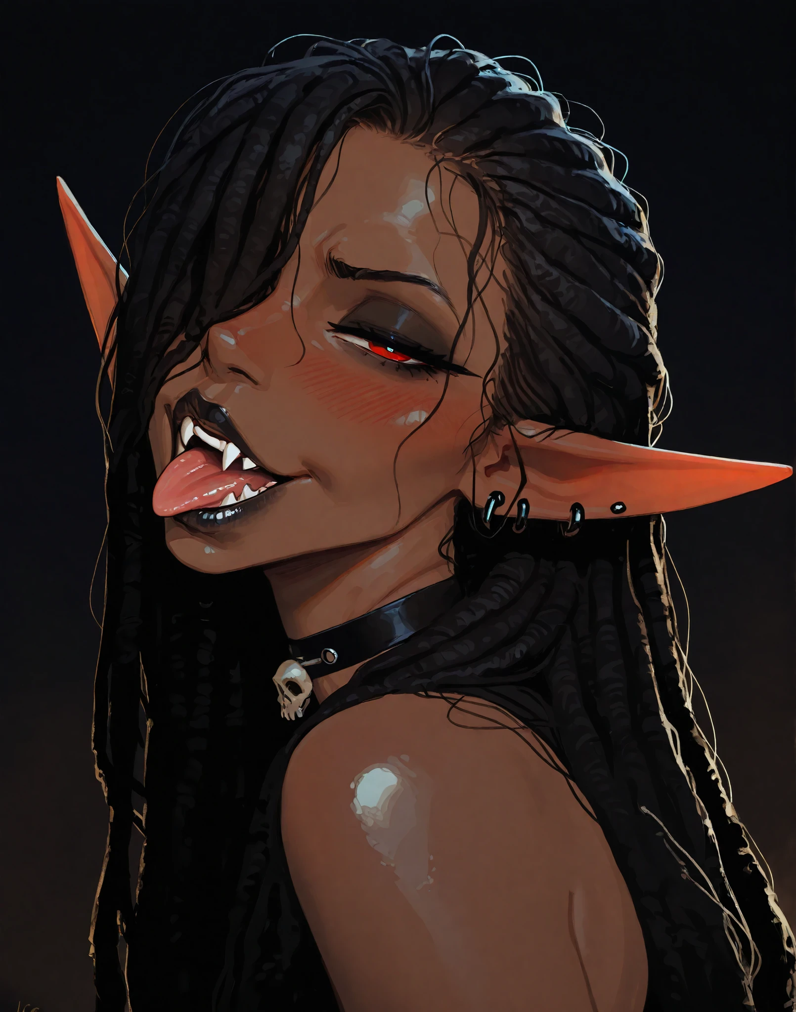 hires, 1girl, highly detailed, dramatic lighting, masterpiece, hires, ((dark skin)), brown skin, elf ears, gothic, goth, black hair , dreadlocks, dreads, hair over one eye, very long hair, red eyes, thick lips, big lips, (((lips))), half closed eyes, long eyelashes, adult, black eyeliner, ear piercings, black lips, black eyeshadow, looking at viewer, BREAK solo, shiny skin, black background, incase, incaseart, smug, upper body, skull choker, looking back, open mouth, tongue out, fangs, blush