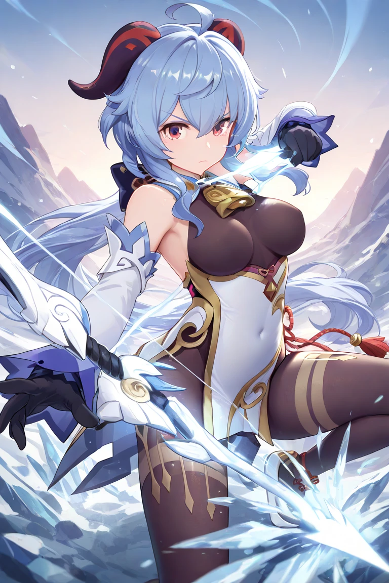 Ganyu,blue_hair,ahoge, purple eyes, goat horns, sidelocks, very long hair, medium breasts, bare shoulders,bodystocking, detached sleeves, gold trim, neck bell,tassel,black gloves, flower knot, thighlet black leotard, cowbell chinese knot, covered navel,black pantyhose,pelvic curtain. Mountainous area(Liyue), serious, fighting stance, bow and arrow, Shiny blue energy trail, ice crystals, low angle.