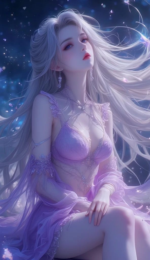 Illumination,(1 girl:1.2), (solo:1.2),sparkling lights, dream-like atmosphere, soft and delicate brushstrokes, ethereal glow, vibrant color palette, intricate details of the girl's features, flowing hair, graceful pose, mesmerizing gaze, enchanted garden backdrop.