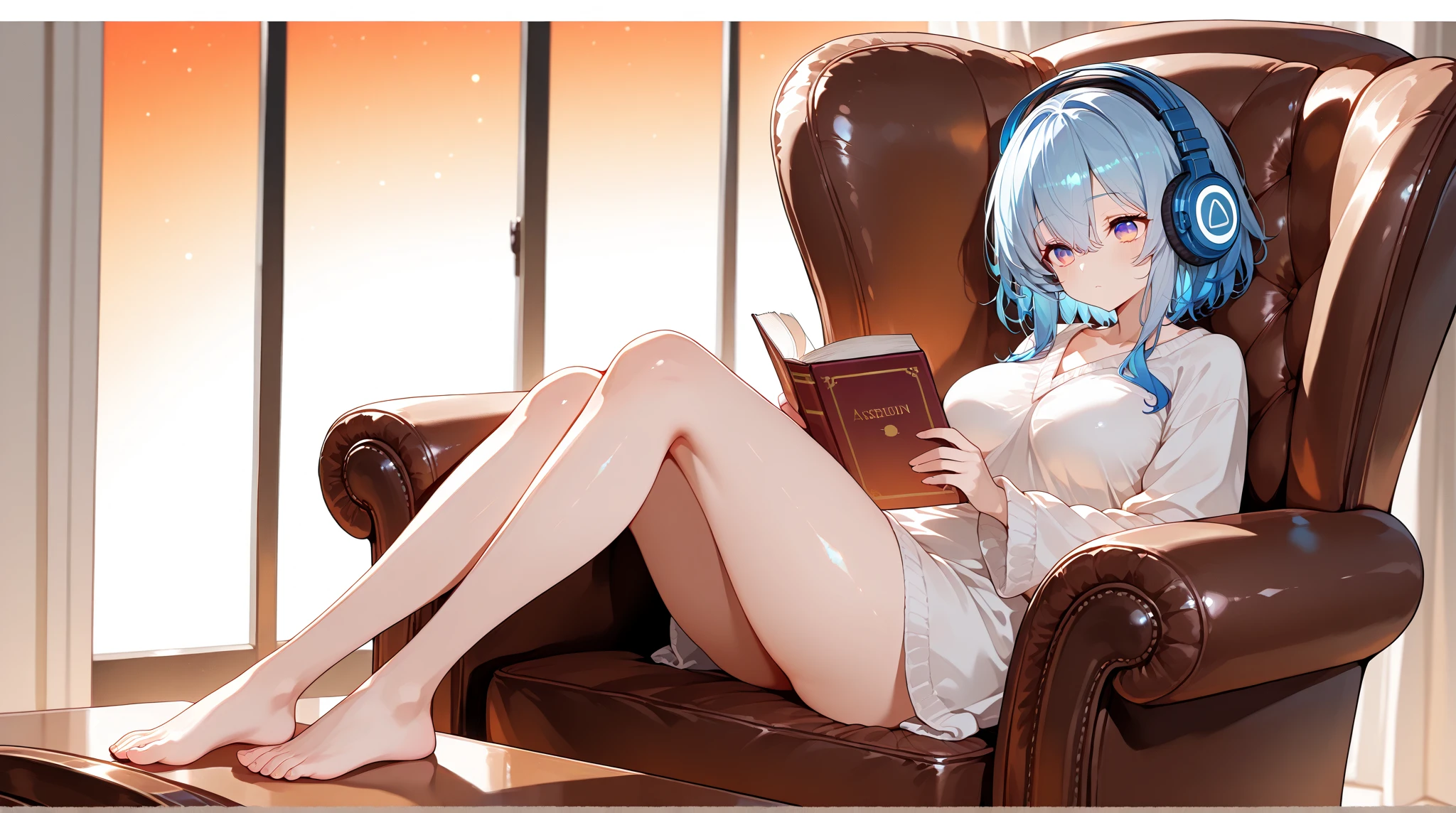 best qualtiy，Need，delicated，tmasterpiece，rich colourful，Fine details，Lori huge breasts cleavage，flatchest，Light blue hair，middle parted bangs，Fair skin，Super refined，on the roadside，Coordination of the five senses，Cute looking，Juvenile，Beautiful eyes，Knee-length white dress，Slender and well-proportioned legs，Holding a book，sisterhood，pupils，adolable，Light in the eyes
