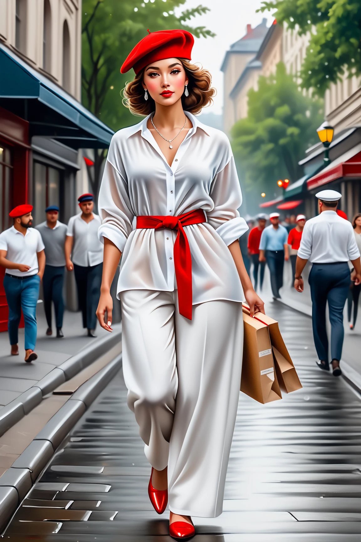 eine frau die im mittelpunkt steht. Der hintergrund soll ausehen wie eine innenstadt. The woman should have blonde hair, blue eyes, a sweet smile and a sexy charisma, and she should have little to wear with Nike Air Force shoes