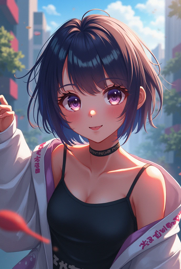 top-quality、Top image quality、masterpiece、girl with((18year old、Blue Sports Bra、Blue sports pants、Best Bust、Bust 90、Purple medium hair、Red Eyes、open chest wide、Valley、Happiness、A slender、ssmile,Sweating、Splattering sweat,posterior view))hiquality、Beautiful Art、Background with((nightclubs))、masutepiece、Elaborate design、visualart、