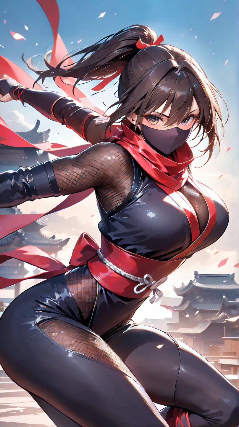 ((Highest quality)),(Ultra-high resolution),(Super detailed),(Detailed Description),((The best CG)),(masterpiece),Highly detailed art,(Art with precise details:1.5), ((Female ninja standing in the darkness:1.4)),(Mask to hide the mouth:1.3),(Shinobi costume that fits the body:1.4), (Moon Night:1.6),