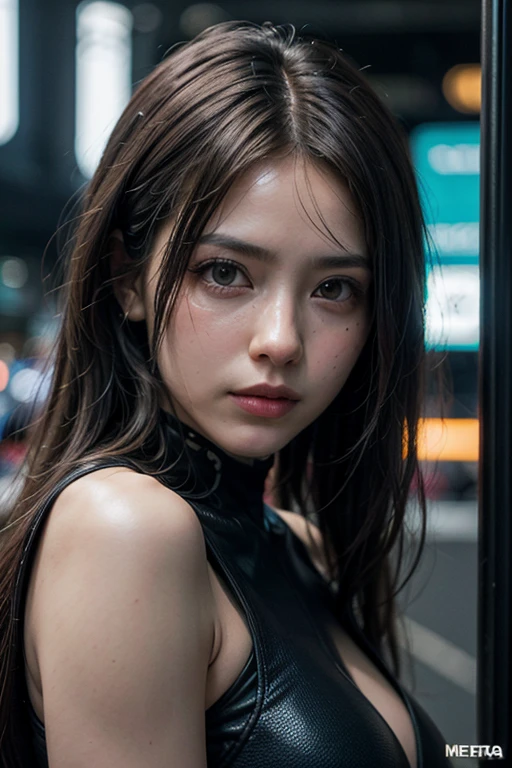 (highest quality、4K、8k、High resolution、masterpiece: 1.2)、Very detailed、(Genuine、Realistic、Realistic: 1.37)、photograph、(close-up of face from the front:1.7)、((Young and very beautiful woman))、The woman is wearing protective clothing、(Ride a motorcycle and race)、(Leaning the motorcycle into a corner)、(Flowing hair and flowing clothes、background、Motion Blur Effect:1.37)、spark、Incandescent bulb、Neon color、Future City、Vibrant Street、Light reflections on wet sidewalk、Skyscraper、Sculptural architecture、Holographic Signage、Stylish and sophisticated design、Blurred motion of speeding cars、energy and excitement in the air、(Windy atmosphere)、Moonlit cityscape、Cafe Racer of the Future