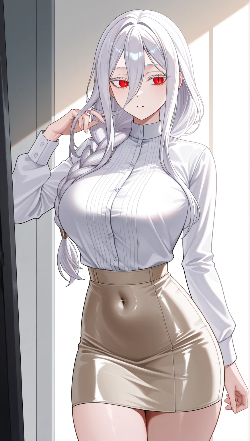 (best quality,4k,8k,highres,masterpiece:1.2),ultra-detailed,realistic,photorealistic:1.37, Mirajane Strauss with a beautiful smile wearing a long white shirt and panties, preparing her breakfast