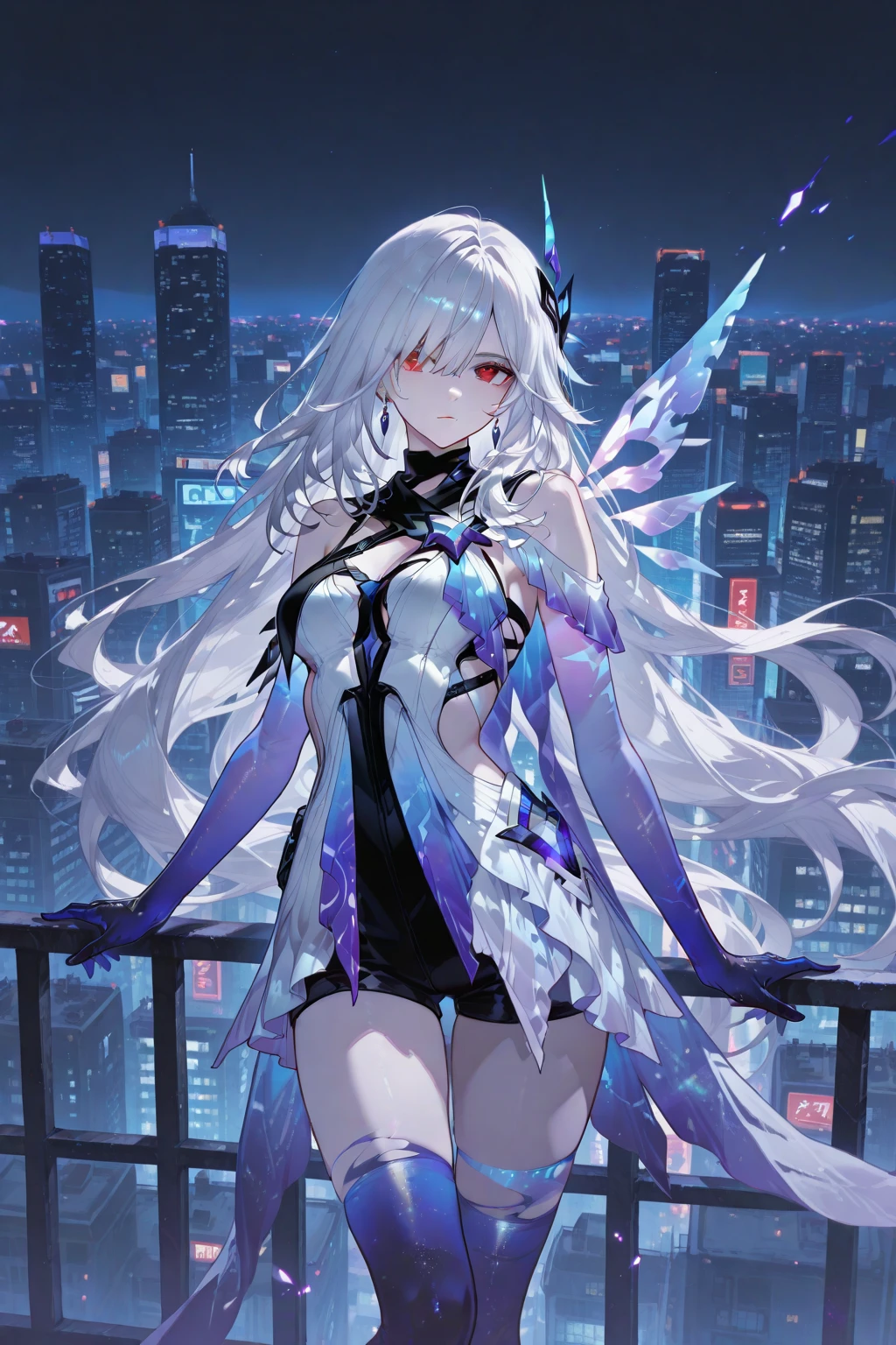 1girl,sohp,standing, <lora:SustainerHeavenlyPrinciplesV1[sohp]:1>,hand on hip, outdoors,blue sky,long_hair,floating hair, absurdly long hair, large breasts, floating object, cube,