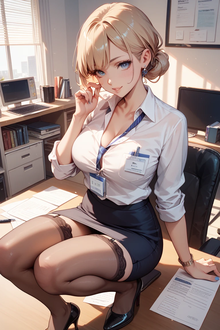 Browsing Caution, アニメ、Highest quality、Unity 8k wallpaper、32k、masterpiece、Ultra-detailed、Ultra-high resolution、(Natural soft light)、(Very detailed and complex)、Beautiful face and eyes in every detail、Sharp pupils、smile、High heels、Woman in skirt and shirt sitting on the desk, office服, on the desk, Sit at a desk, Sitting at a desk,Bent knees、Spread your legs、Spread your legs、Panty shot、 Business casual attire, Sexy、Business Attire,office, At work, Wearing glasses, Fully clothed, business attire, Embarrassing, smile、business suit、Cleavage、Sexy