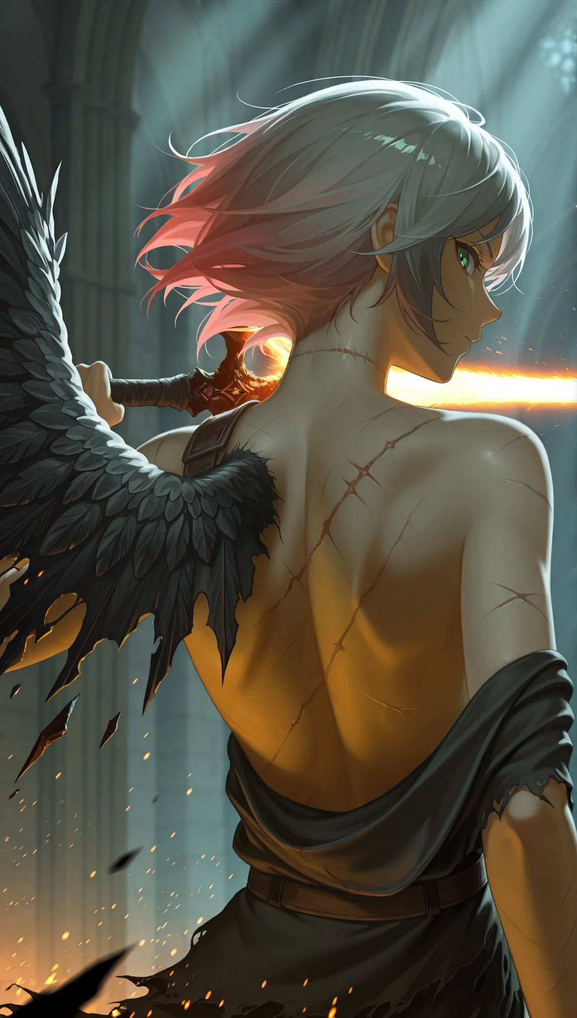 in the style of [arknights|(748cmstyle:0.5)], god rays, darkness, dark souls, dramatic lighting,cinematic shot,mature, masterpiece, best quality, amazing quality, very aesthetic, high resolution, ultra-detailed, backlighting, backlit, dramatic, absurdres, scenery,
1boy, 1girl, femboy, short hair, solo, upper body focus, portrait, back shot, over the shoulder, angled shot, (attack move, dynamic pose, action shot:1.4), pink hair, gray hair, gradient hair, exposed shoulder, scarring, scars on his back, single wing, broken wing, bleeding wing, looking at viewer, green eyes,

 