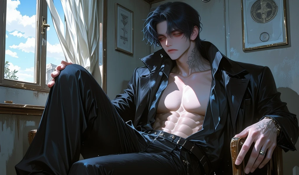Male 17 years old Black hair Medicine bed Blood pool Black rose Black nails Wolf cut White inner color Piercing Mask Dark room Empty medicine sheet Bandages Someone is blocking your eyes