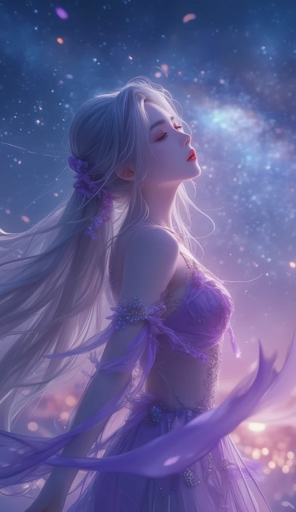Masterpiece image of a beautiful f priestess with blonde hair adorned with a garland of blueberries, bikini bra covered chest with pointy toes extreme long nails, (divine proportion), non-douche smile, aurora borealis, night scene, Glowing Whisper, Ethereal dance, Nocturnal Grace, Silent Luminescence, Midnight Flutter, Whispering Silent, Iridescent Encounter, Moonlit Shadow, by Skyrn99, full body, (((rule of thirds))), high quality, high detail, high resolution, (bokeh:2), backlight, long exposure:2,