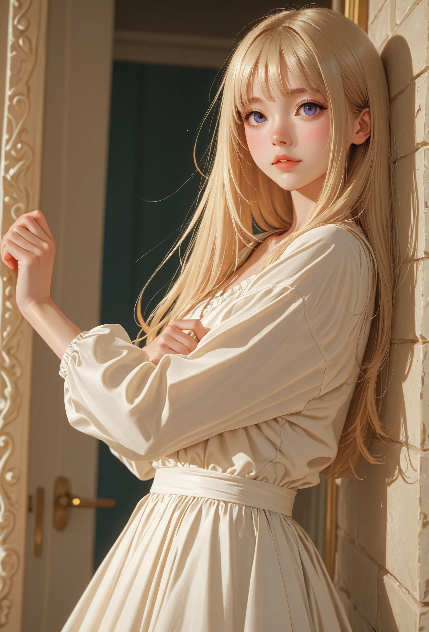 There was a girl sitting on the floor with a phone, loli in dress, cute anime waifu in a nice dress, pale young ghost girl, Cute dress, pale milky white porcelain skin, cute kawaii girls, White Cat Girl, white and pale blue toned, rococo ruffles dress, bowknot, small curvaceous loli, Kawaii style, white puffy outfit,leaning-forward,in a panoramic view