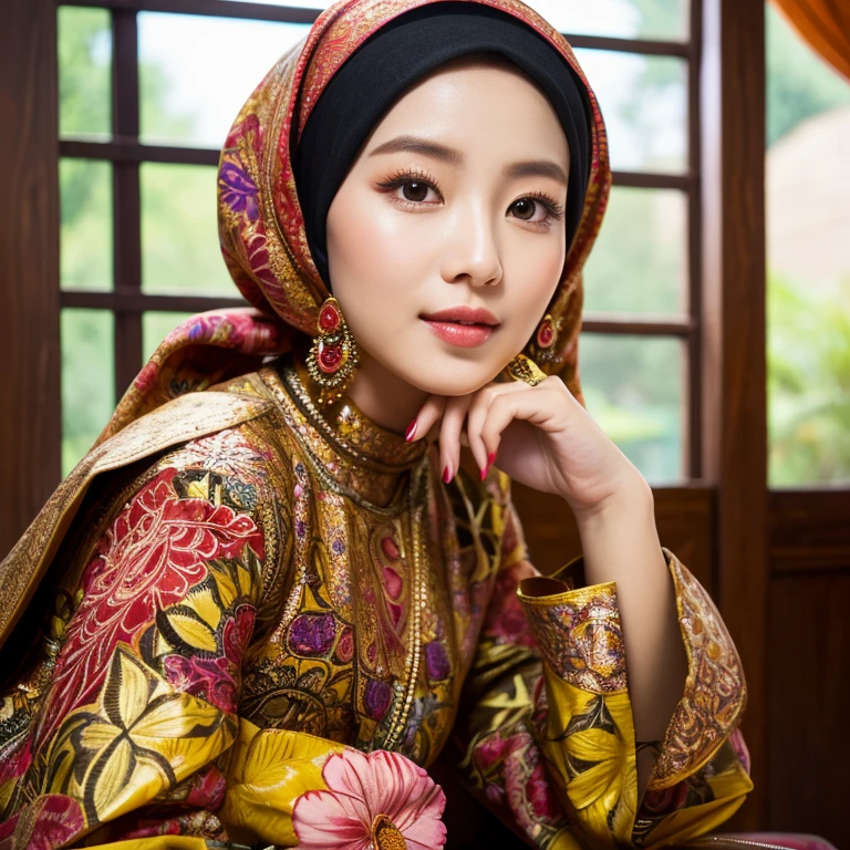 RAW, Best quality, high resolution, masterpiece: 1.3), beautiful Korean woman in hijab (iu:0.8)1beautiful Korean woman ,((big breast)),detail face,perfect yeyes, soft smile, sitting on a chair in a room with a bird cage, batik, traditional beauty, with beautiful exotic, very beautiful enga style, with lovely look, idian dress, style of ade santora, inspired by Sasha Putrya, inspired by Mym Tuma, inspired by Basuki Abdullah, wearing an ornate outfit, inspired by Shaddy Safadi