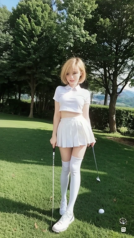 12 years old pretty girl、Cute Junior High School Student、NSFW、Super detailed、High resolution、transcendental beauty highest quality、masterpiece、knee socks、Majimix Real、(RAW photo:1.2)、(Photoreal:1.4)、Beauty in the beautiful details、and delicate expression、On the green of the golf course、blonde、(boyish:1.5)、blonde、brown hair、brown hairショートウルフヘアの髪、brown hairマッシュヘアの髪、((you can see me))(squat)、golf club、golf wear、Sun visor、Golf Gloves、necklace、fancy piercings、eyelash、sparkling eyes、glossy lips、beautiful and detailed eyes、very detailed expression、Highly detailed face movie lighting、positive、((dynamic pose)))、(open stance))、(The wind blows up my golf skirt.:1.6), fancy 、torn golf shirt、Golf Shoes, (Open the crotch and expose the pubic area:1.5), (Accurately represents the shape of the female genitals:1.5), (Detailed depiction of the labia minora, vaginal opening, Detailed depiction of the clitoris:1.5), (spread your legs wide:1.6), (small breasts、small breasts:1.5)、(No panties:1.3)、angle from below
