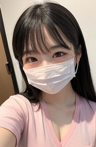 student風の服、Very obscene、((Selfie style in my room)),((student))、((Very young))、((very cute))、((So adorable))、((Please wear a white non-woven mask)),highest quality, masterpiece, Ultra-high resolution, (Realistic:1.4), RAW Photos, Very detailed, Perfect Anatomy, 1 girl, 18-year-old, Famous Japanese idols, Front view, Crotch close-up,, ((Accentuate your breasts))