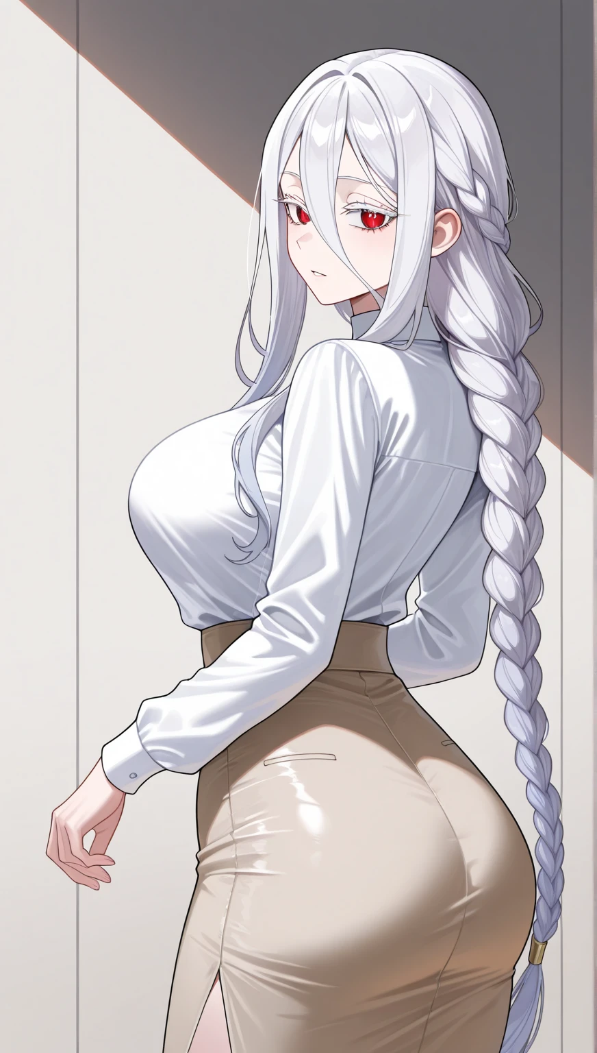 (chef-d&#39;artwork, best quality:1.2), unryuu \(kancolle\), 1fille, seulement, ((seins gigantesques)), clivage, long braid, single braid, messy hair, asymmetrical hair,  scrunchie, chemise blanche, chemise à col, jupe noire, Arms on the sides, debout, office lady, pencil skirt, short sleeves, white hair, very long hair, button gap, pantyhose, black pantyhose, dark-skinned female, indoor, heterochromia, blue eyes, green eyes, standing, 