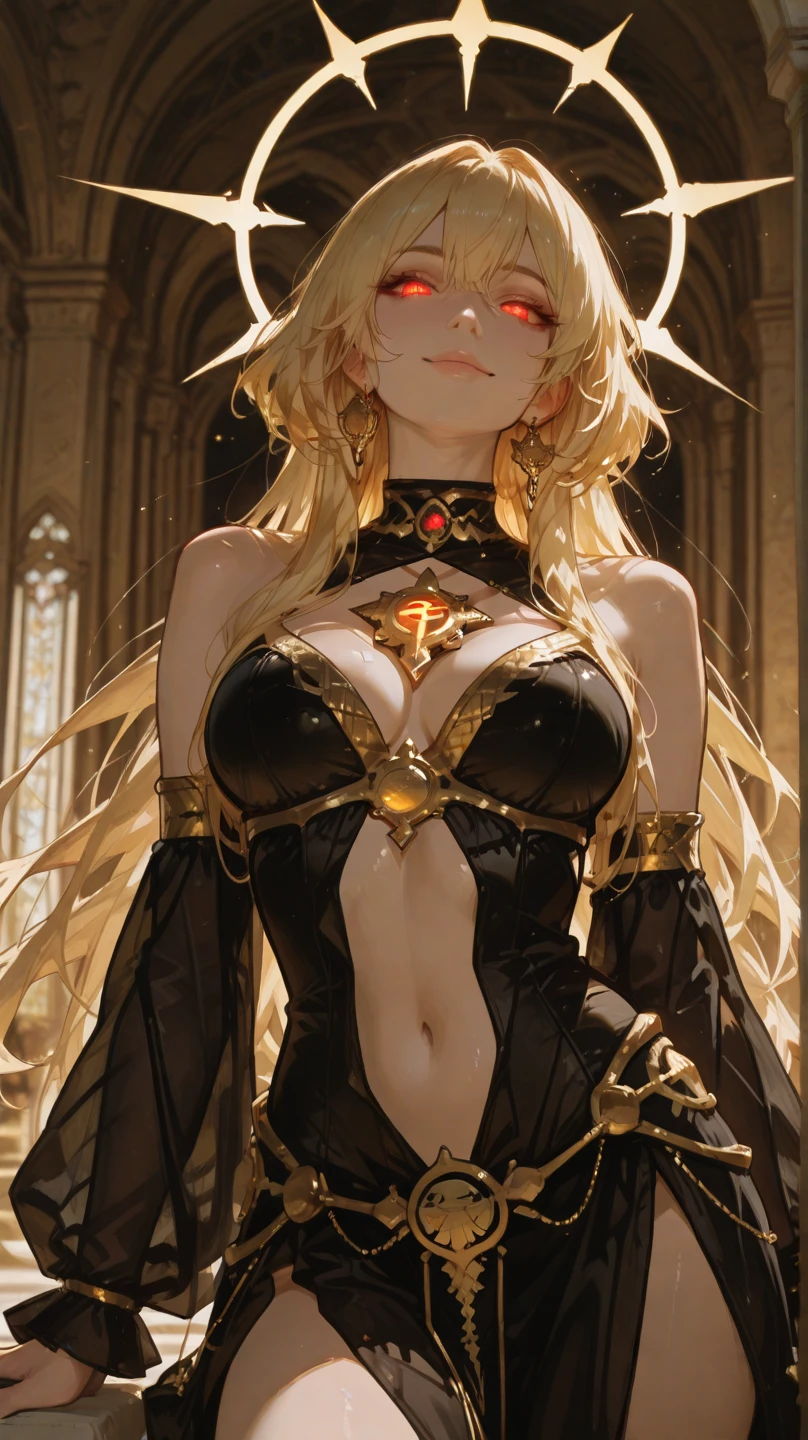 Beautiful dark-skinned girl in high school with large breasts and hourglass body. Her hair is blonde and long down to her hips., She has pierced ears、High-necked .