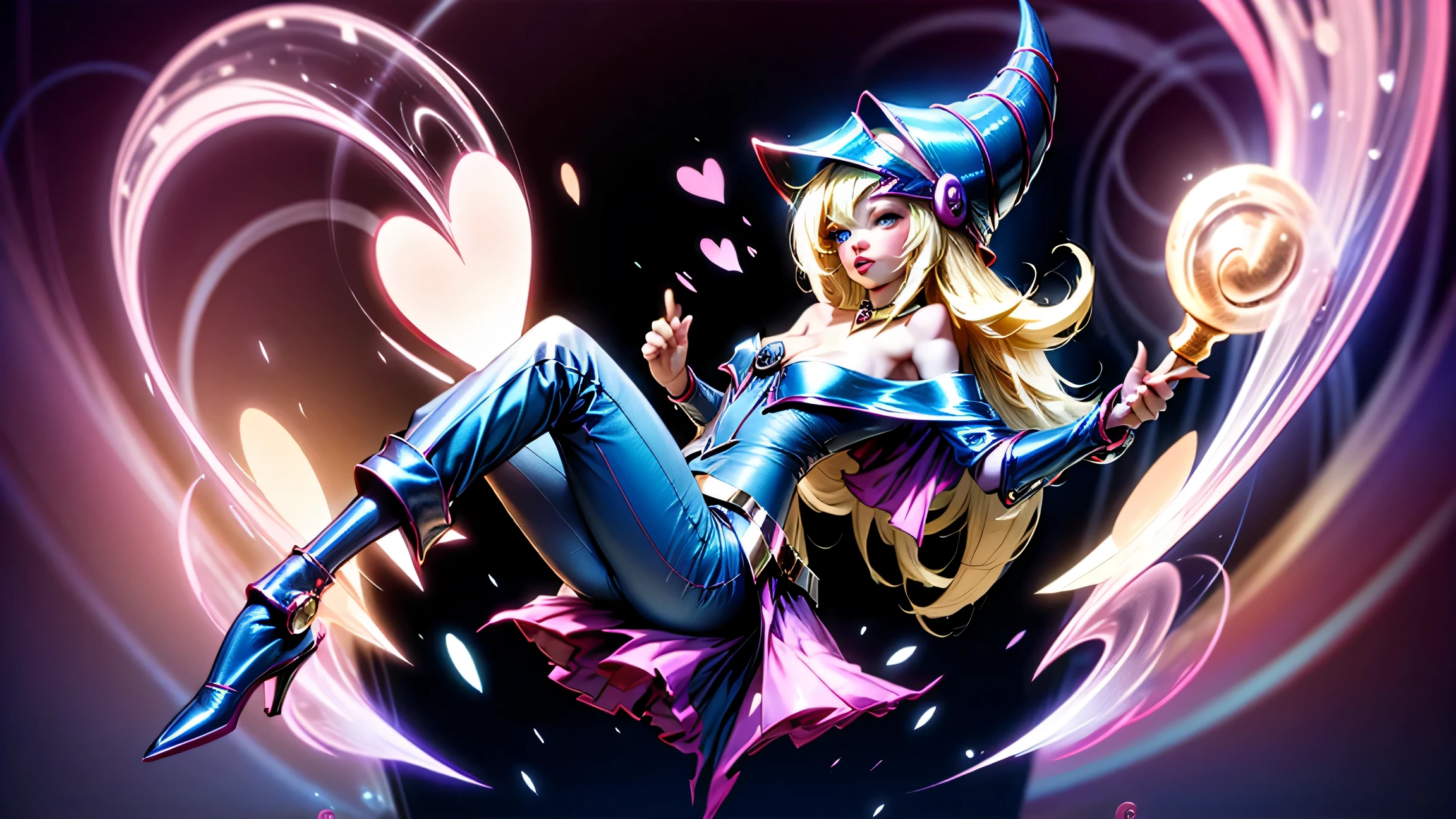dark magician gils, with high-heels. pants,  sexy, Subjective and sensual pose. magic background. Magical heart in the air. magic circle 