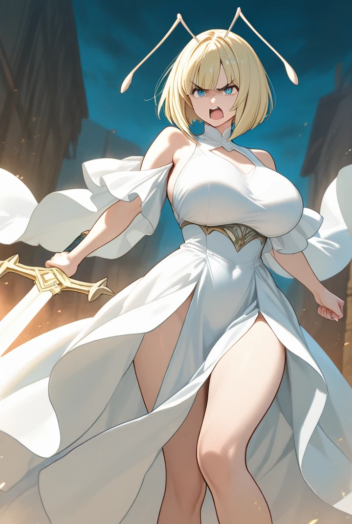 1 girl, Artoria Pendragon Lancer (fate grand order), white bikini, big breasts, hips, thighs, bare shoulders, very sweaty, looking at viewers, smiling, from below