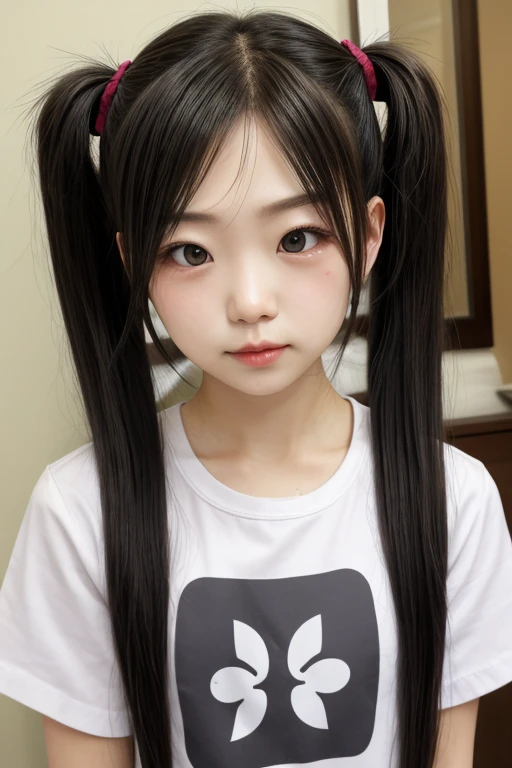 girl, cute, elementary school student, black hair, twin tails, clear skin, small bust, blush, tits