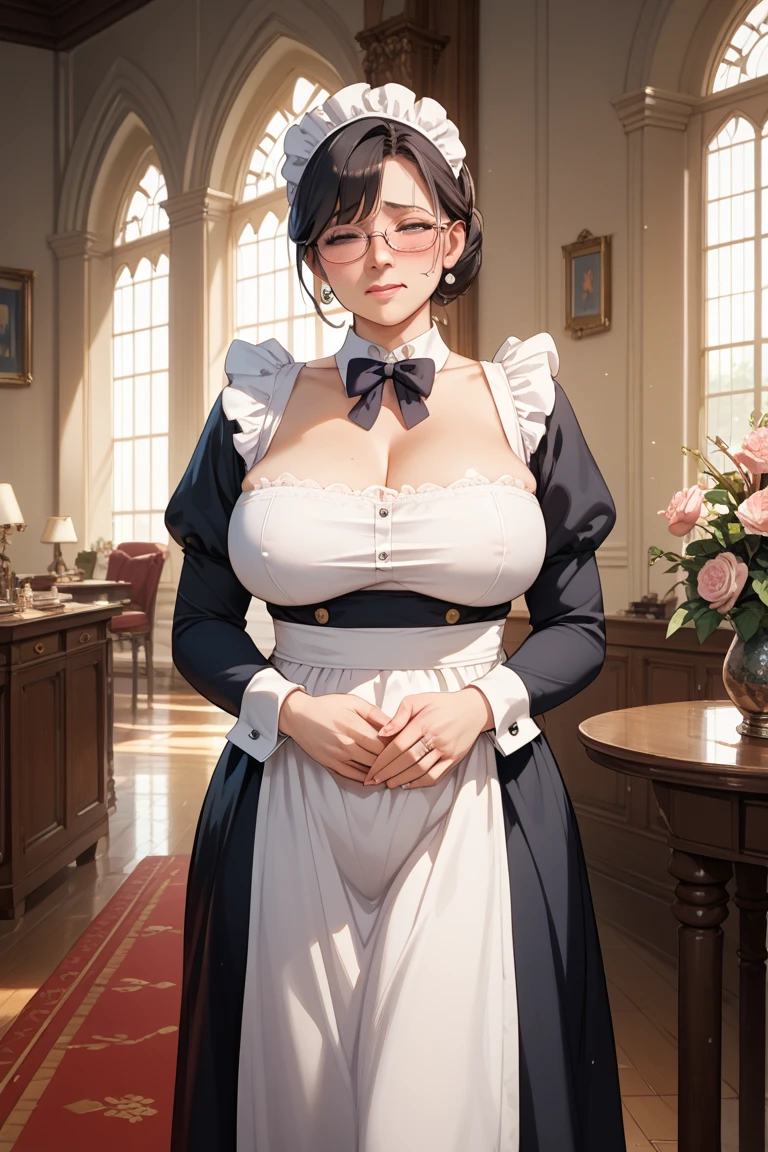 highres, sharp focus, pixiv masterpiece, ((intricate details)), highly detailed, upper body, , yuri alpha, 1girl, black hair, (blue bowtie:1.3), (green wristband, green gauntlets, spikes:1.1), glasses, maid, single hair bun, dress, choker, maid apron, indoors, grey eyes, big breasts, room, bed, cleavage, holding breasts, hands on own breasts, bouncing breasts, no lips,
