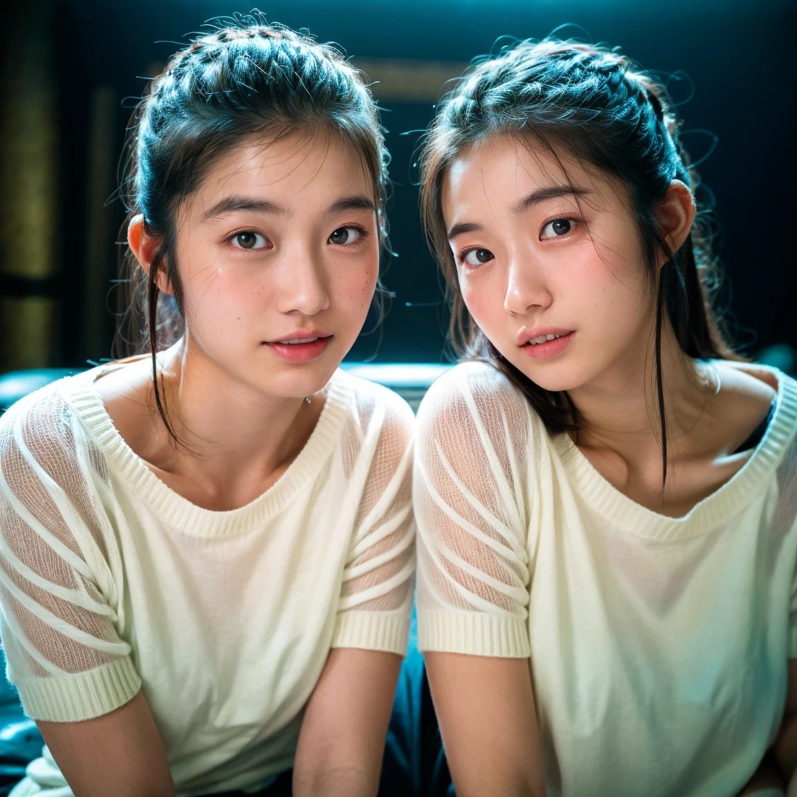 Two women in casual clothes，Pick up laundry detergent in the supermarket。Rich in detail，Close-up of face focus。