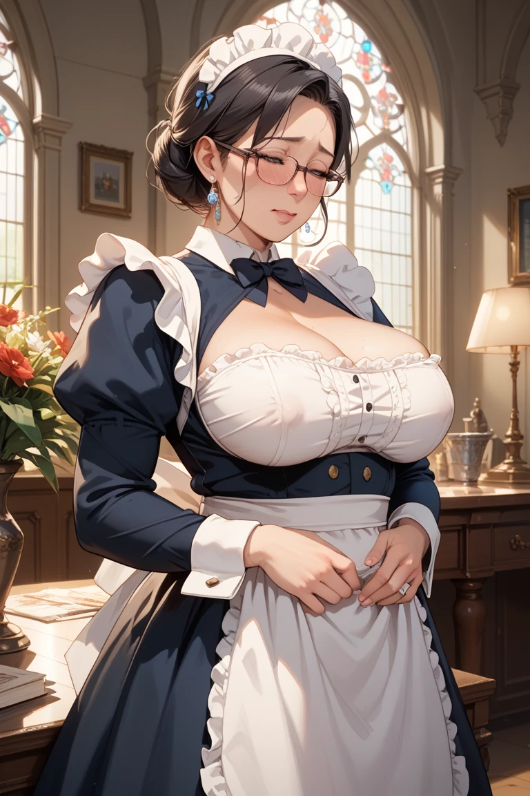 highres, sharp focus, pixiv masterpiece, ((intricate details)), highly detailed, upper body, , yuri alpha, 1girl, black hair, (blue bowtie:1.3), (green wristband, green gauntlets, spikes:1.1), glasses, maid, single hair bun, dress, choker, maid apron, outdoors, grey eyes, , room, bed, cleavage,
