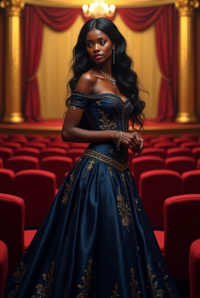 She is wearing a Cinderella crown on her head at the Yule Ball, fully body, full scene (Black-skinned woman Beautiful brunette with a perfect body, beautiful, big, perfect breasts, wide, thin thighs, perfect, everything perfect,) ((Art Style Full Length View, full-featured))characteristics (Purple and black straight hair style, wavy, prisoner, Loose) ( clothing style wearing black and purple dress) ( Full body tattoo style) .8K uhd, high qualiy, volumetric light, photoshot, high resolution, 4K, 8K   
