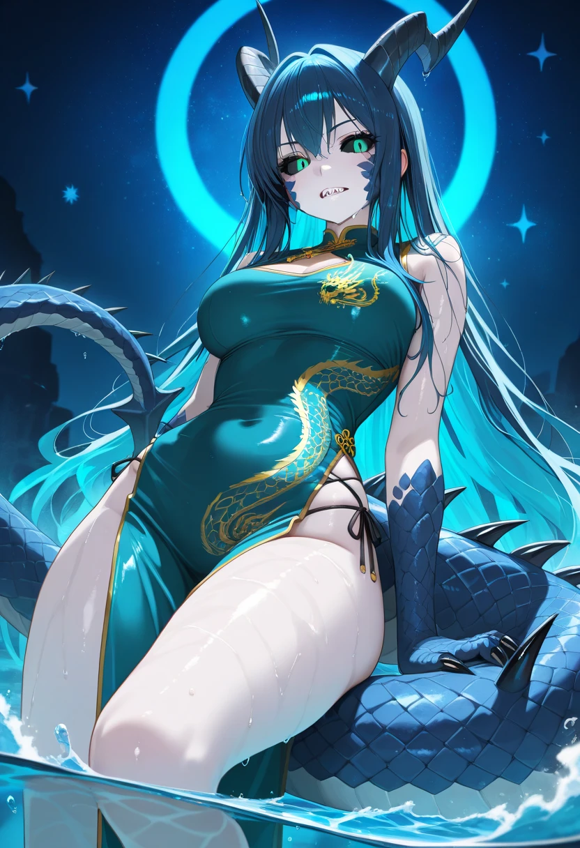 ((Highest quality、unity 8k wallpaper、32K、masterpiece、Very detailed、Ultra-high resolution、Ultra-high resolution、 Very detailedな顔, RAW Photos, Professional, Ultra-fine painting, Fine metal texture, Genuine)) Kotegawa Yui morphing into lizardwomen, kotegawayui, black long hair, yellow eyes, (A long, fine lizard-like tail grows from its hips.、Lizard legs with sharp claws、Densely packed blue scales on arms and legs、Long fingernails)、Nipples in full view、((Fine scales on the flank、Scales on the back、Scales from flank to thigh))