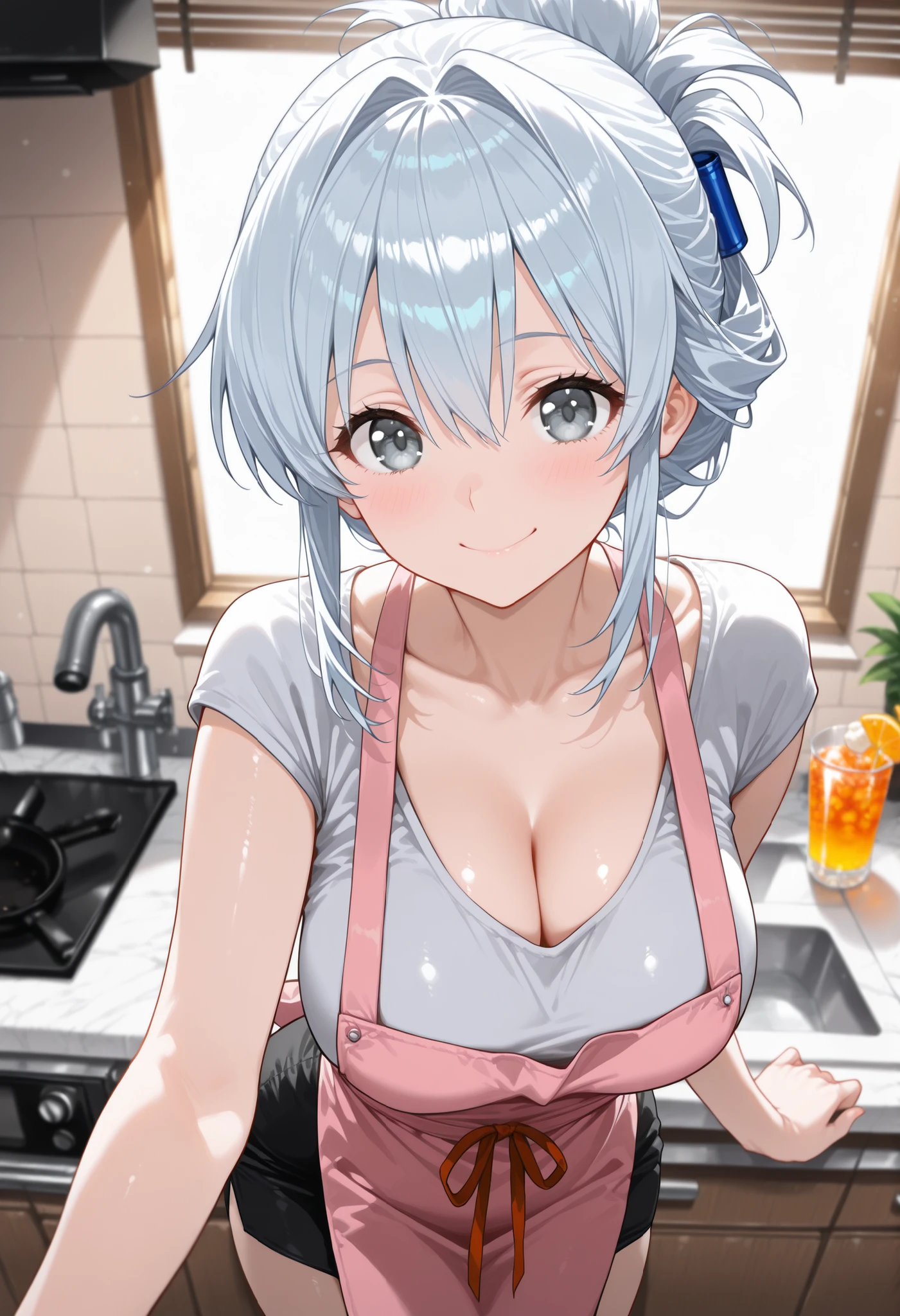 UHD, ccurate, masterpiece, anatomically correct, textured skin, super detail, best quality, 16k, 1080P,SOLO,(1 Female,perfect body,big oppai, white short hair),(blue eyes with red x-shaped pupils:1.9),(wearing A nude apron:1.7)(See-through),(sweating skin:1.7),(Wearing white Silk Stockings:1.7),(Open pose:1.7),(Full blush:1.7),(In kitchen),(Genshin Impact/Arlecchino),[detail face]
