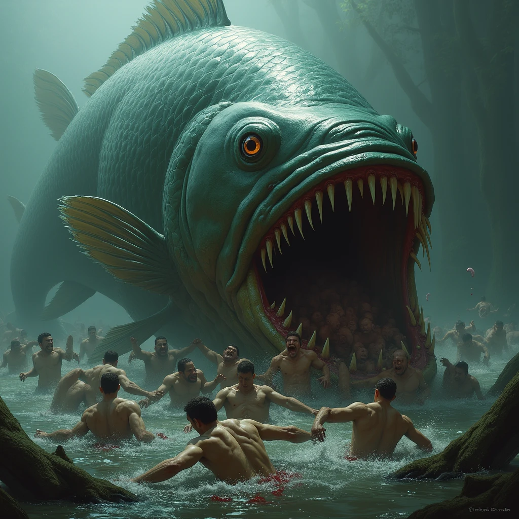 Deformed image、The moment a large fish catches a small human、Water spray
Violent movement、Tiny people trying to escape from inside a cooler、A tilting small boat、Acrobatic pose、High-definition depiction