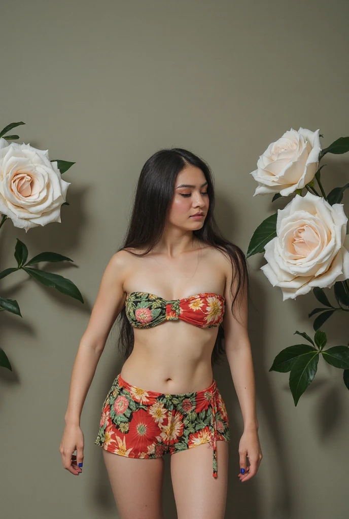 (((((HALF BODY PORTRAIT))))), ((FLAT CHEST:1.8)), ((Lace)), ((CYNIC FACE EXPRESSION:1.44)), masutepiece, High quality, UHD 32K, Realistic face, Realistic skin feeling , A Japanese Lady, 5 matured lady, , Very cute and baby-like face, (((FLAT CHEST))), (Night time at forest), ((look In front at the camera and SADNESS)), (((CUTE GIRL))), ((DARK RED FLUORESCENT LIPS)), ((Floral Pattern)) little wearing strapless bra, strapless colorful bra, dark night background , black forest night, horror scary place, (from behind up) seductive pose. ((((BUN HAIRCUT)))