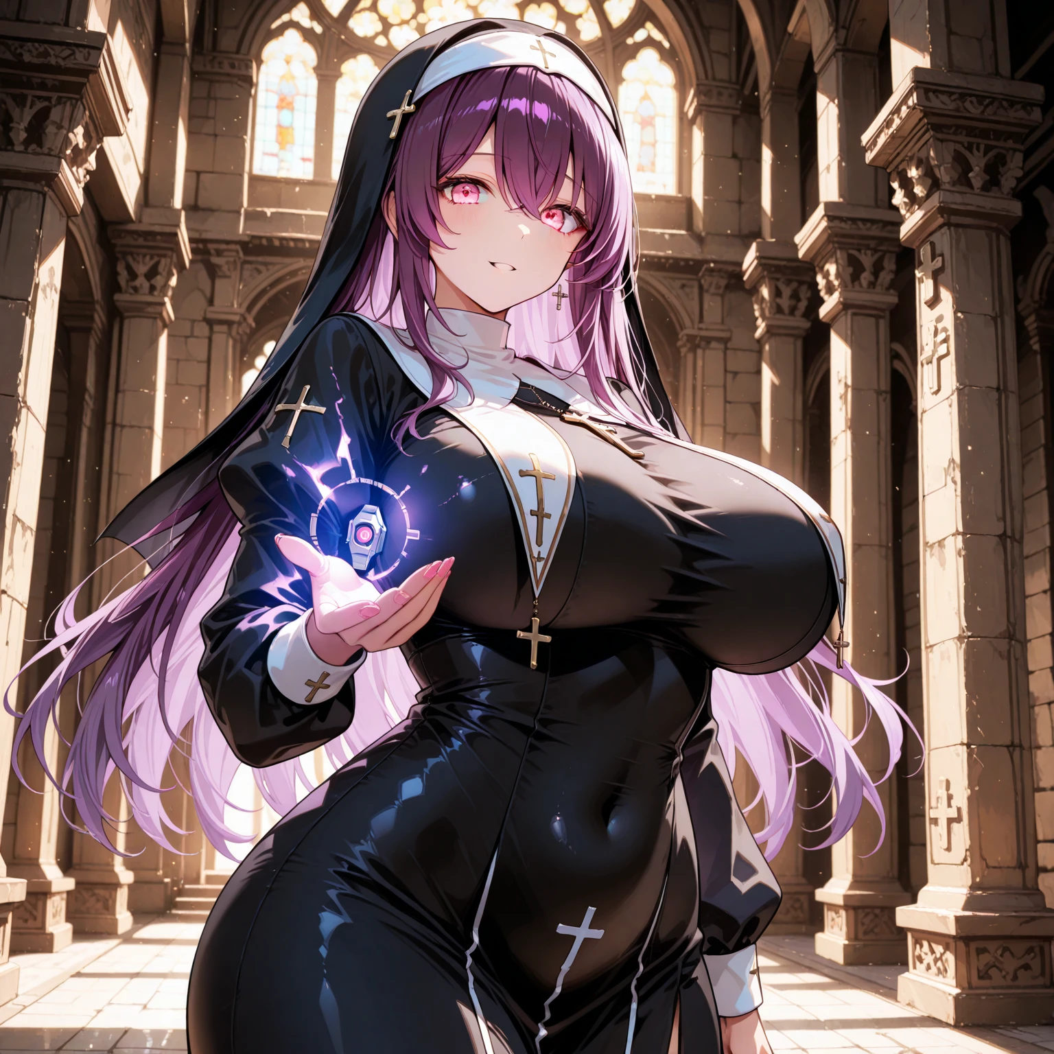 1girl, (priest:1.6), large breasts, cowboy shot, hood, mature female,purple hairs, blue eyes,church,seductive smile,(highleg leotard), standing, own hands together, robe, ,sideboob,cameltoe,own hands together