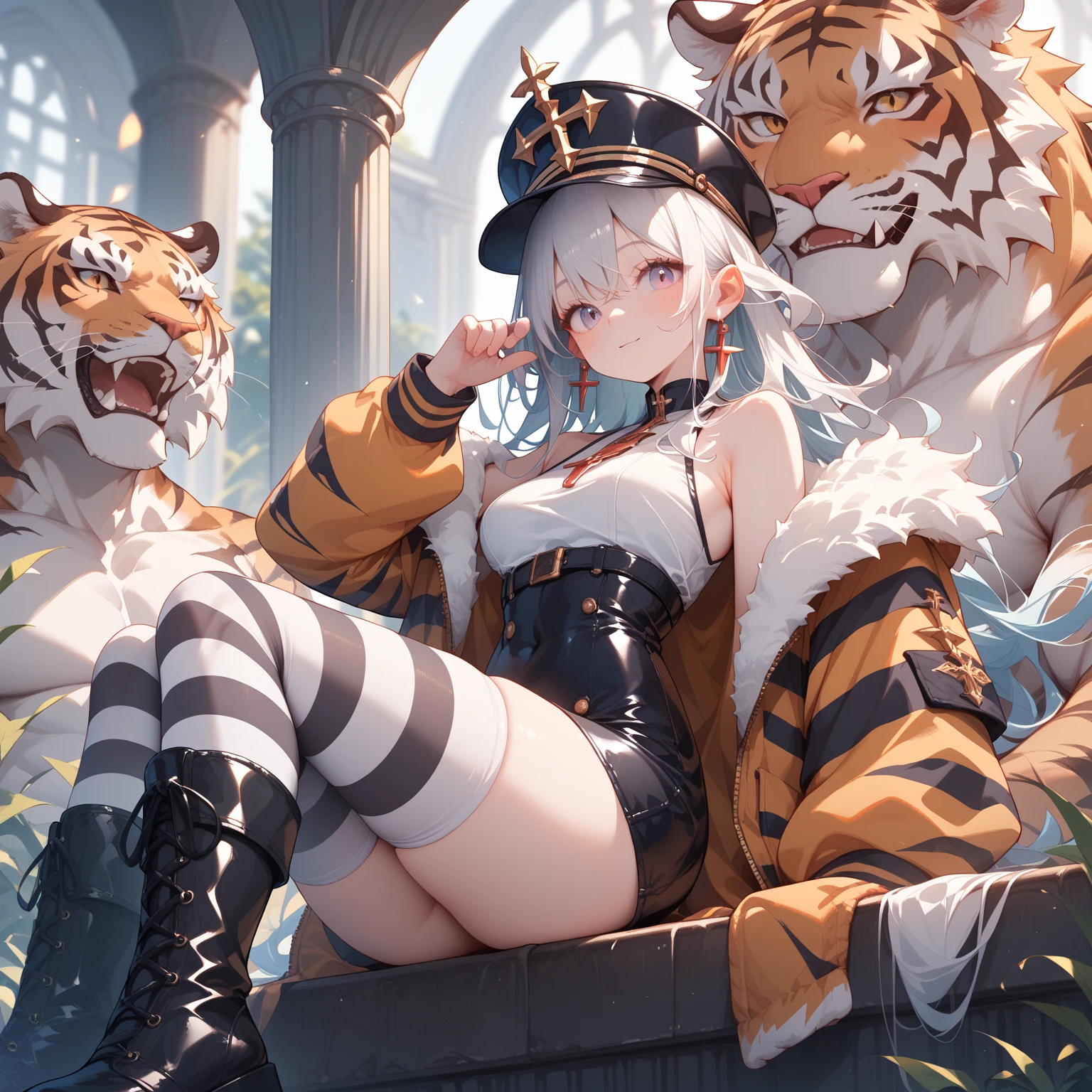 girl dressed as a magician trying to tame a robotic tiger at the circus 
