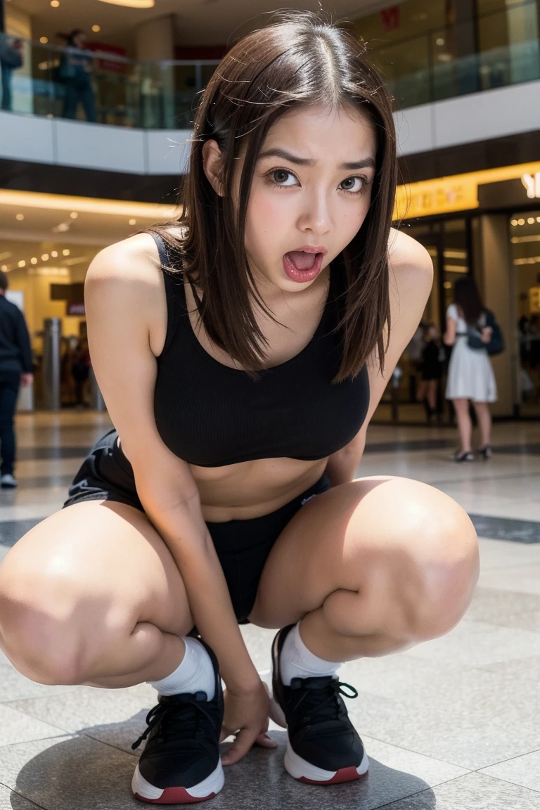 Little Woman of the Japan、squatting with open legs、Angle from below、In the street、Purple transparent bra、garter stocking、Straight face、The background is Shinjuku、among the women passing by、MCharacter opening leg、high-level image quality、realisitic、short-hair、dual、Sharp facial features、abdominals、Funny face、See-through underwear、Hands behind your back、