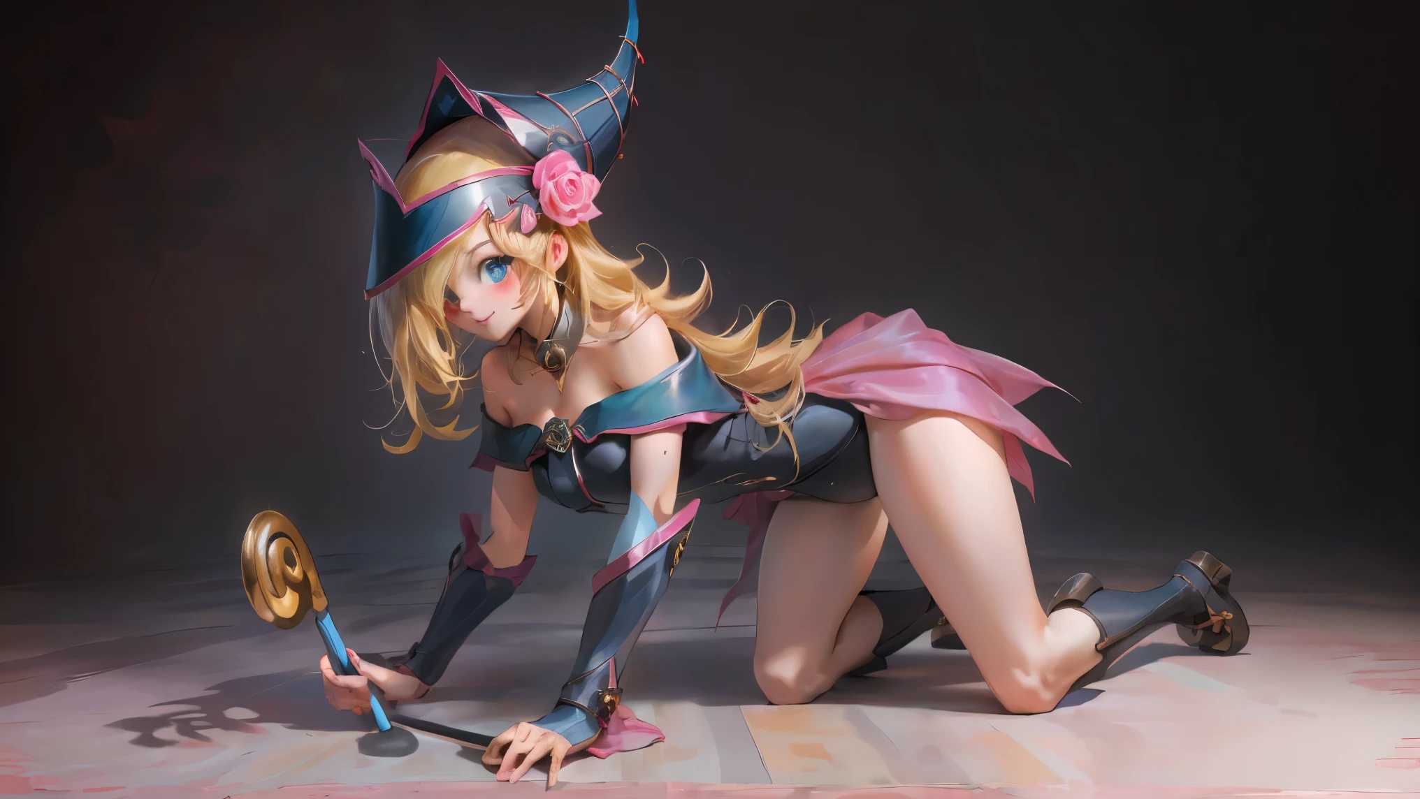 super detailed, very detailed, masterpiece, highest quality, highest quality, disorganized, High resolution, dark magician girl, (1 girl:1.2), alone, detailed face, dynamic pose, hair flow, (whole body:1.1),  blonde hair, long hair, looking at the viewer, green eyes, skin dents, fine skin, skin pores, (shiny skin, Glossy skin:1.1), rosy skin details, nail polish, skirt, blue shoes, blue hat, wizard&#39;s hat, wand, Wear a hat, (white panties:1.2), Yu-Gi-Oh!, duel monster, purple magic field, shine, detailed background, complex background,surreal、transparency of the skin、shiny skin。((highest quality、8k、masterpiece:1.3))、sharp:1.2、非常にdetailed faceと肌の質感、detailed eye、underwear。Thick  splashing on the butt。shortcut、short hair。big ass、Sink、Because I&#39;m slender、、 body type、big ass。Big eyes、dual。protruding butt、crawl on all fours。crawl on all foursで腰だけを上げ上半身を下げる。