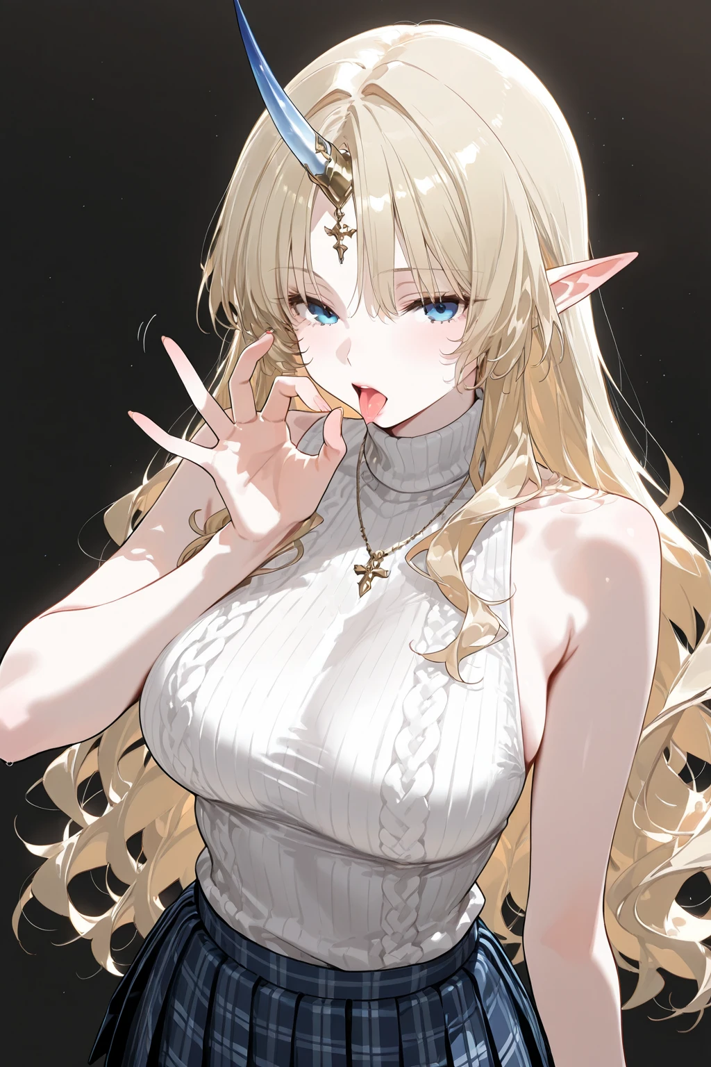 score_9, score_8_up, score_7_up, high quality, 1girl, long hair, blonde hair, sidelocks, yellow eyes, pointy ears, facial mark, tattoo, (sharp fingernails), hands on hips, forehead mark, oni, horns, virgin killer sweater, sleeveless sweater, earrings, jewelry, barefoot, smug, closed mouth, fang, blush, standing, arms on sides, curvy, side view, fit, upper body,white background