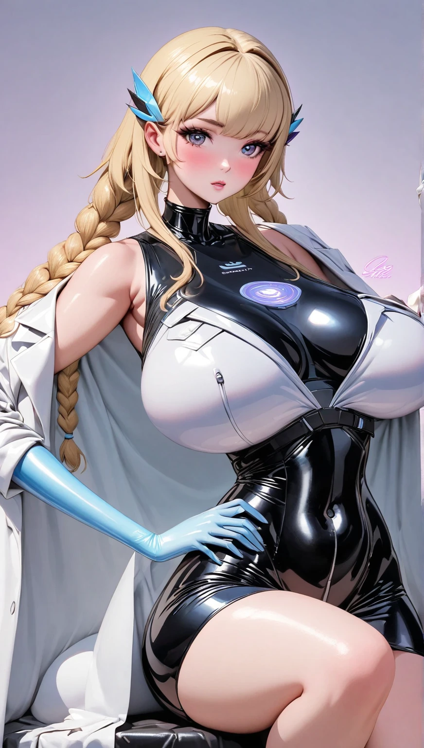 An Idol k-pop girl, (cute face, lewd face), braid hair, intricate face details, detailed face, golden ratio face, ((big breasts:1)), ((slim waist, big butt, big hip, big thighs)), ((intricate hands, detailled hands)), ((intricate feets, detailled feets)), full body, 64K, UHD, HDR, global illumination, (high quality, high detailed, hyper detailed, extremely detailed), photo realistic, ultra realistic, art photo, (clarify the details, detailed parts body), intricate artwork masterpiece, trending on artstation, (drunk face), tight clothes, (purple eyes:1), bodysuits, coat, gloves, bear hat, (polished skin:2), (polished clothes:1), (wet skin:1,8), waters drops on the skin:1), she is pulling down the lock with her right hand in bodysuit, indoor background, right hand holding the zipper