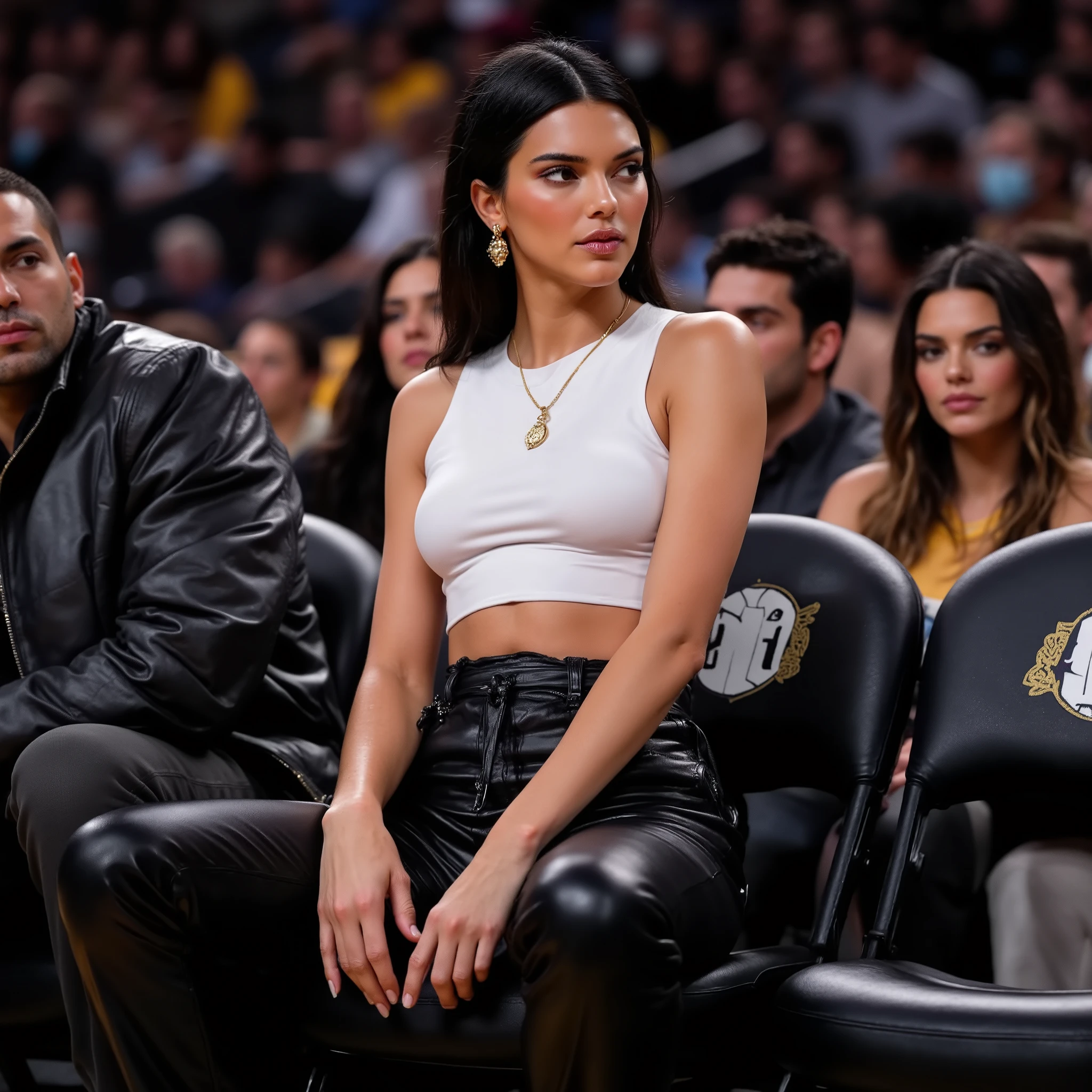 Kendall Jenner sitting courtside at a LA Lakers basketball game, wearing black leather pants and a white cropped tanktop