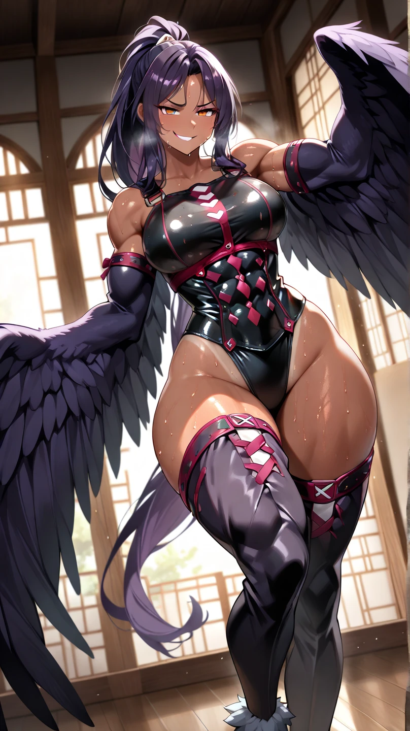 jibril 1girl, solo, long hair, breasts, sideboob, halo, pink hair, pink stocking, low wings, compass rose halo, wings, navel, book, gloves, bird ears, midriff, magic circle, asymmetrical legwear, angel, angel wings, animal ears, very long hair, yellow eyes, white wings, large breasts, mismatched legwear, single shoe, feathered wings, orange eyes, shoes, multicolored eyes, thighhighs, crop top, cross, multicolored hair, gradient hair, looking at viewer,, smile, walking